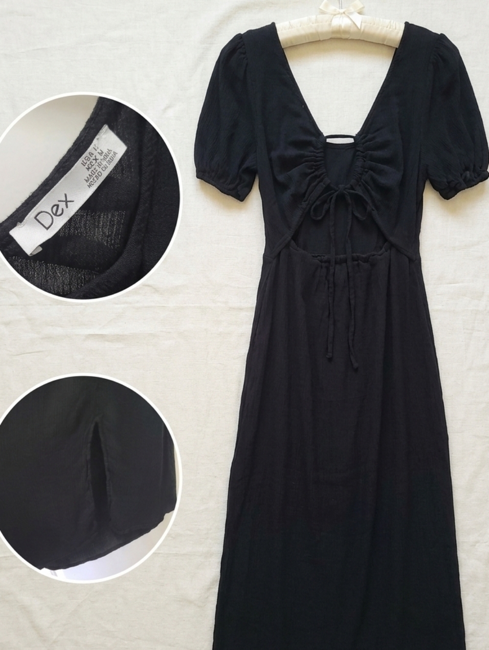 DEX Black Midi Dress With Open Tie Back Leg Slit Size M